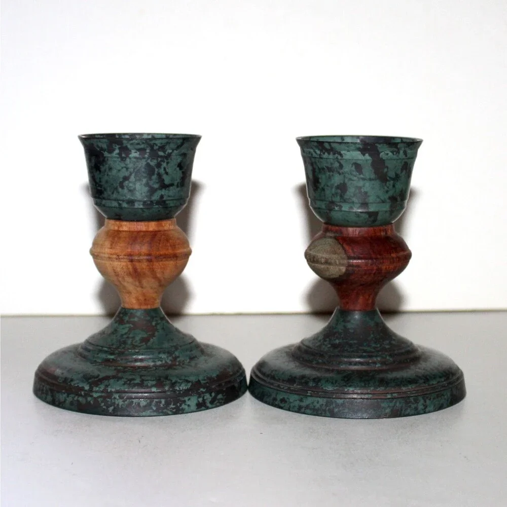 Vintage Pier 1 pair Candle Holder brass wood green house decor boho eclectic